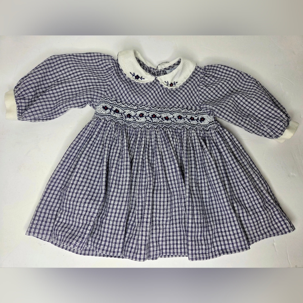 Friedknit Creations Vintage Smocked Baby Dress Size 6 Months Blue White Plaid